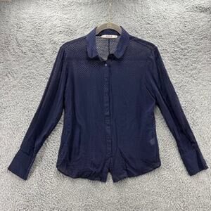 Thomas PINK London Women's Size 6 100% Silk Button Up Sheer Blue Black Polka Dot